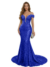 Sparkly Off The Shoulder Sequin Long Mermaid Corset Prom Dresses