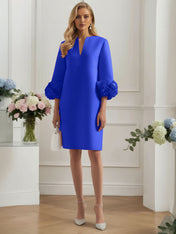 3D Floral Classic Notched Long Sleeve A-Line Midi Dress