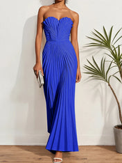 White Pleated Classic Strapless Sleeveless A-Line Maxi Dress