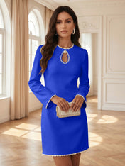 White Pearl Hollow Out Classic Crew Neck Long Sleeve Shift Mini Dress Gown