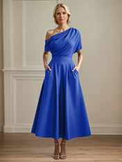 A Line Satin One Shoulder Pleated Ankle Length Mother of the Bride Dress