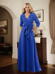Classic V-Neck Bow Accented Satin Mother Of The Bride Dress With Lace