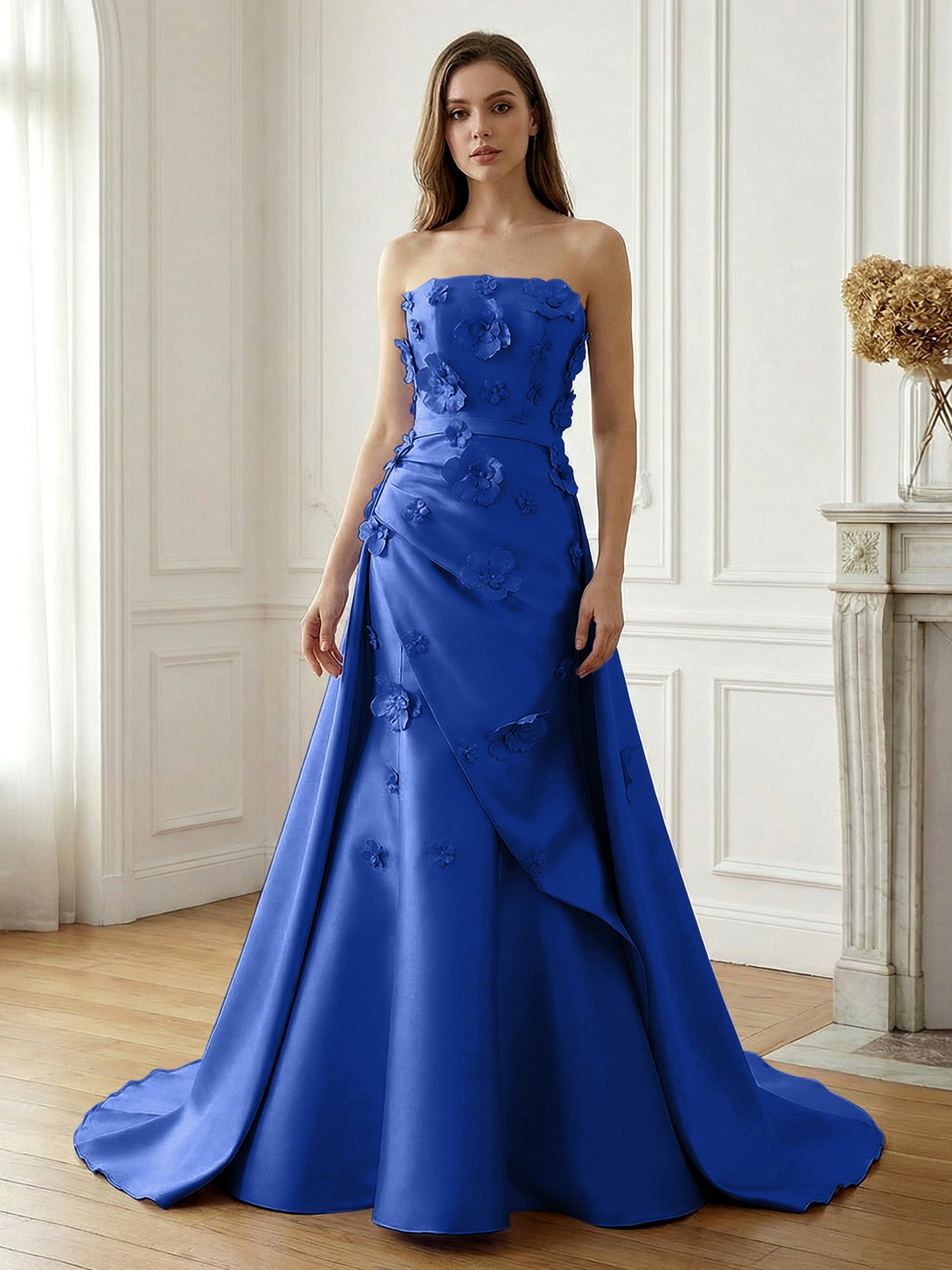 Lavender Satin 3D Floral Strapless A-Line Gown