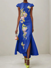 Green Floral Embroidered Cap Sleeve Slit Sheath Maxi Dress