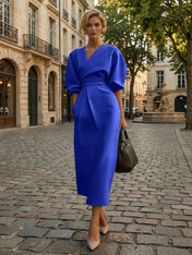 Sophisticated Camel V-Neck Balloon Sleeve Midi Dress Evening Gown