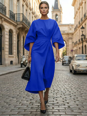 Loose Batwing Sleeve Dress Tight Waist Solid Color Elegant Dresses