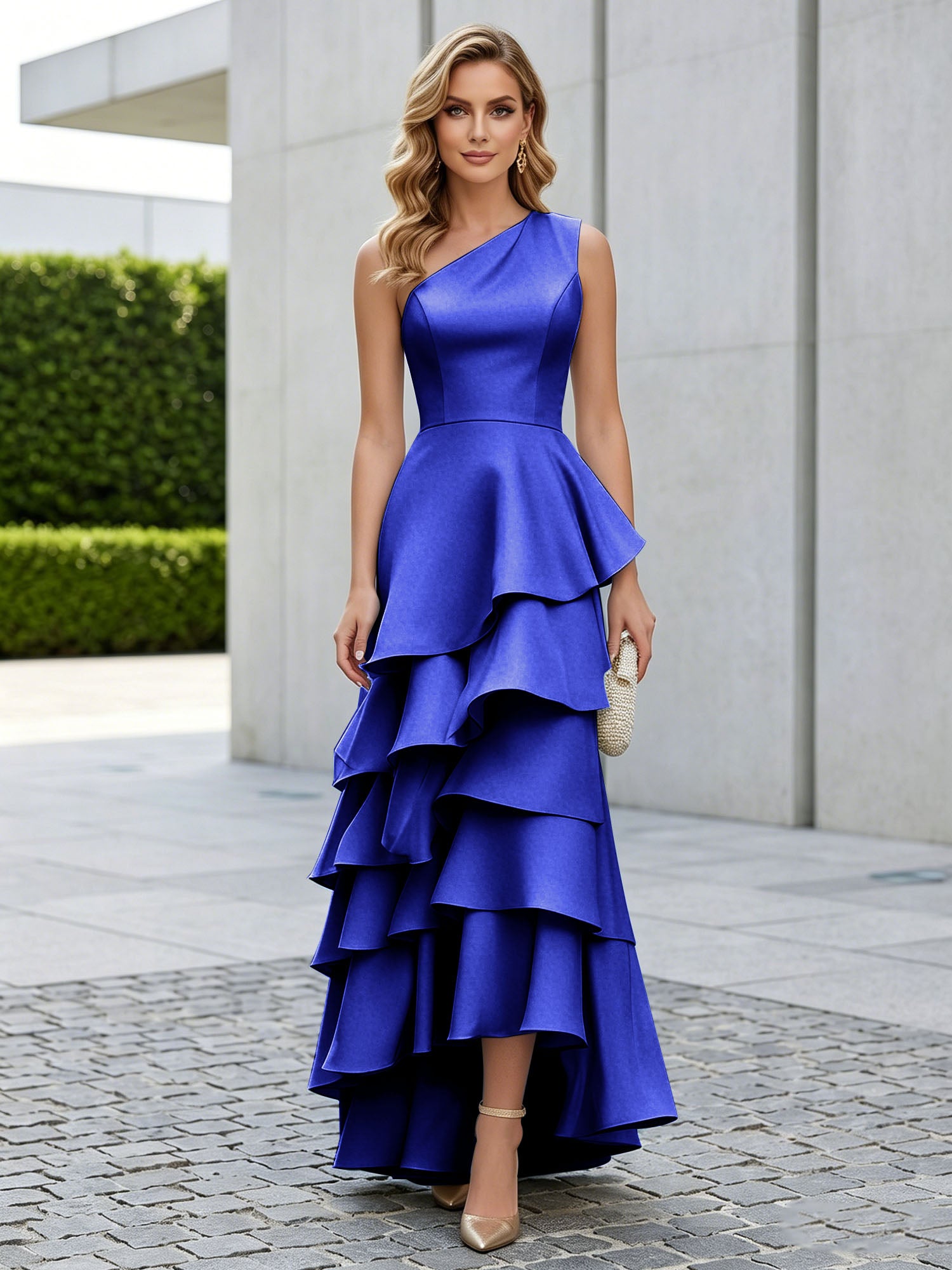 One Shoulder Tiered Ruffle Satin Mermaid Evening Gown with Sculptural Layers