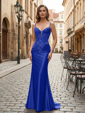 Purple Mermaid Spaghetti Straps Satin Long Corset Appliqued Prom Dress