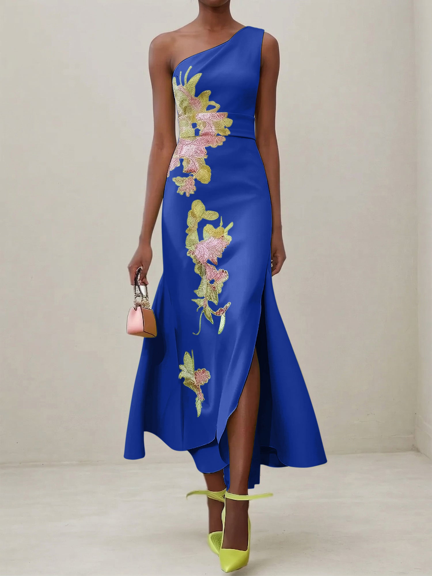 Green Floral One Shoulder Embroidered Cap Sleeve Slit Sheath Maxi Dress