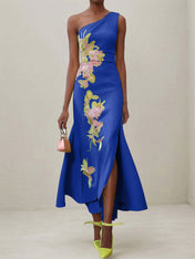 Green Floral One Shoulder Embroidered Cap Sleeve Slit Sheath Maxi Dress