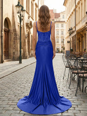 Purple Mermaid Spaghetti Straps Satin Long Corset Appliqued Prom Dress