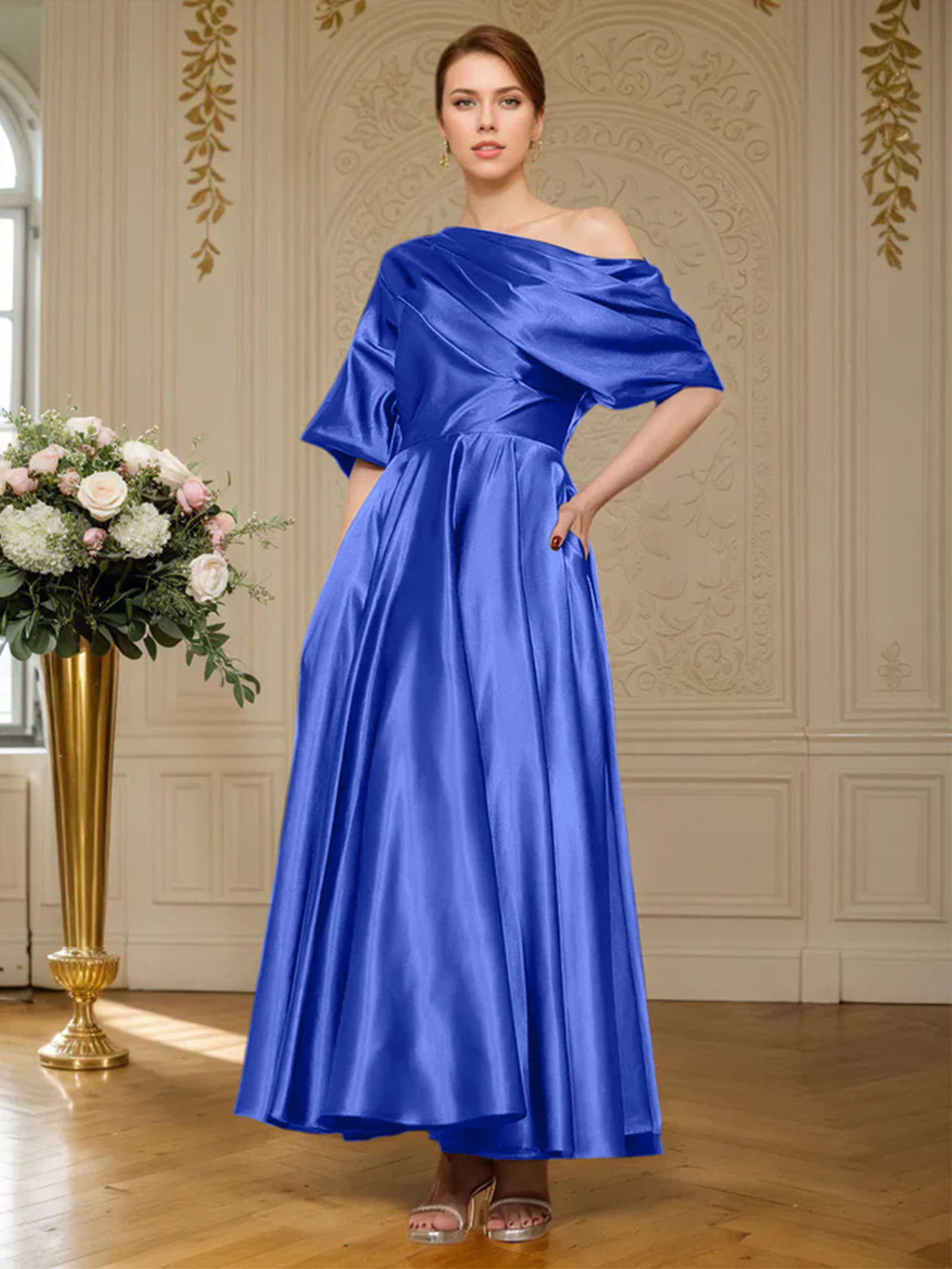 A-line Short Sleeves Pleated Ankle-Length Silk like Satin Mother of the Bride Dress
