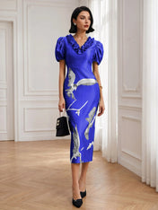 Black Folds V Neck Puff Sleeve Midi Sheath Dress