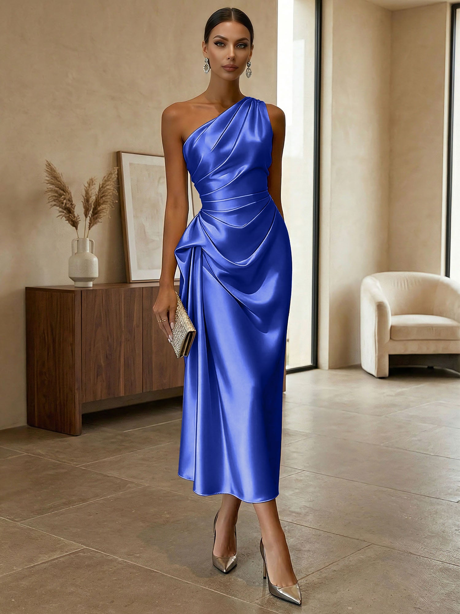 Champagne Ruched Satin One Shoulder Sleeveless Sheath Midi Dress