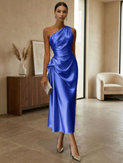 Champagne Ruched Satin One Shoulder Sleeveless Sheath Midi Dress