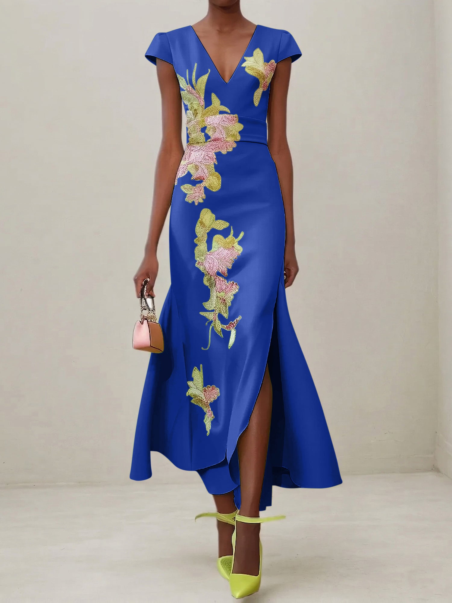 Green Floral V Neck Embroidered Cap Sleeve Slit Sheath Maxi Dress