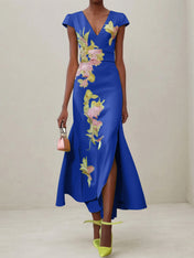 Green Floral V Neck Embroidered Cap Sleeve Slit Sheath Maxi Dress