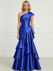 Formal Evening Dress Dark Blue One-Shoulder Satin Tiered Maxi Gown