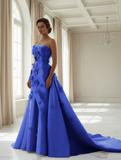 Pink A Line Satin Strapless Prom Dress with 3D Floral Appliques