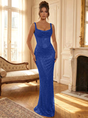 Sparkly Blue Shimmer Cowl Neck Corset Prom Dress