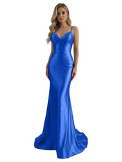 Blue Mermaid Spaghetti Straps V-Neck Rhinestone Long Prom Dress