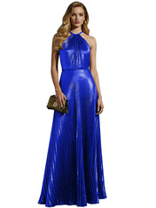 Luxurious Champagne-Gold Pleated Halter Long Prom Dress