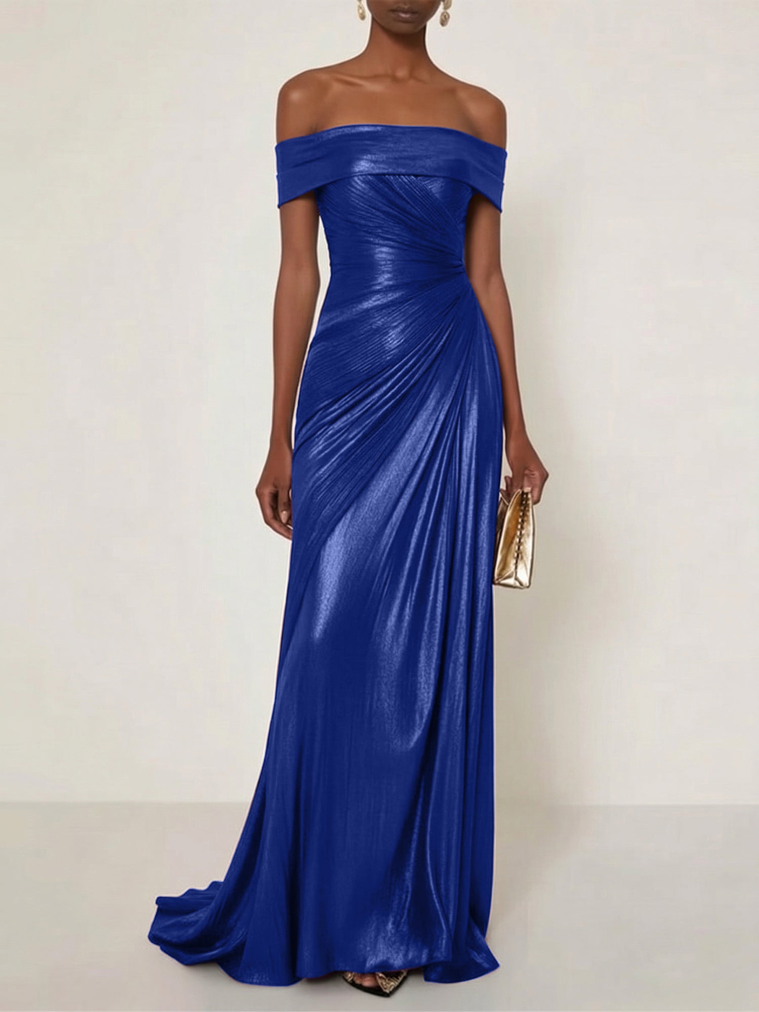 Evening Formal Dress Off the Shoulder Silver Silk Ruffles Strapless Maxi Dress