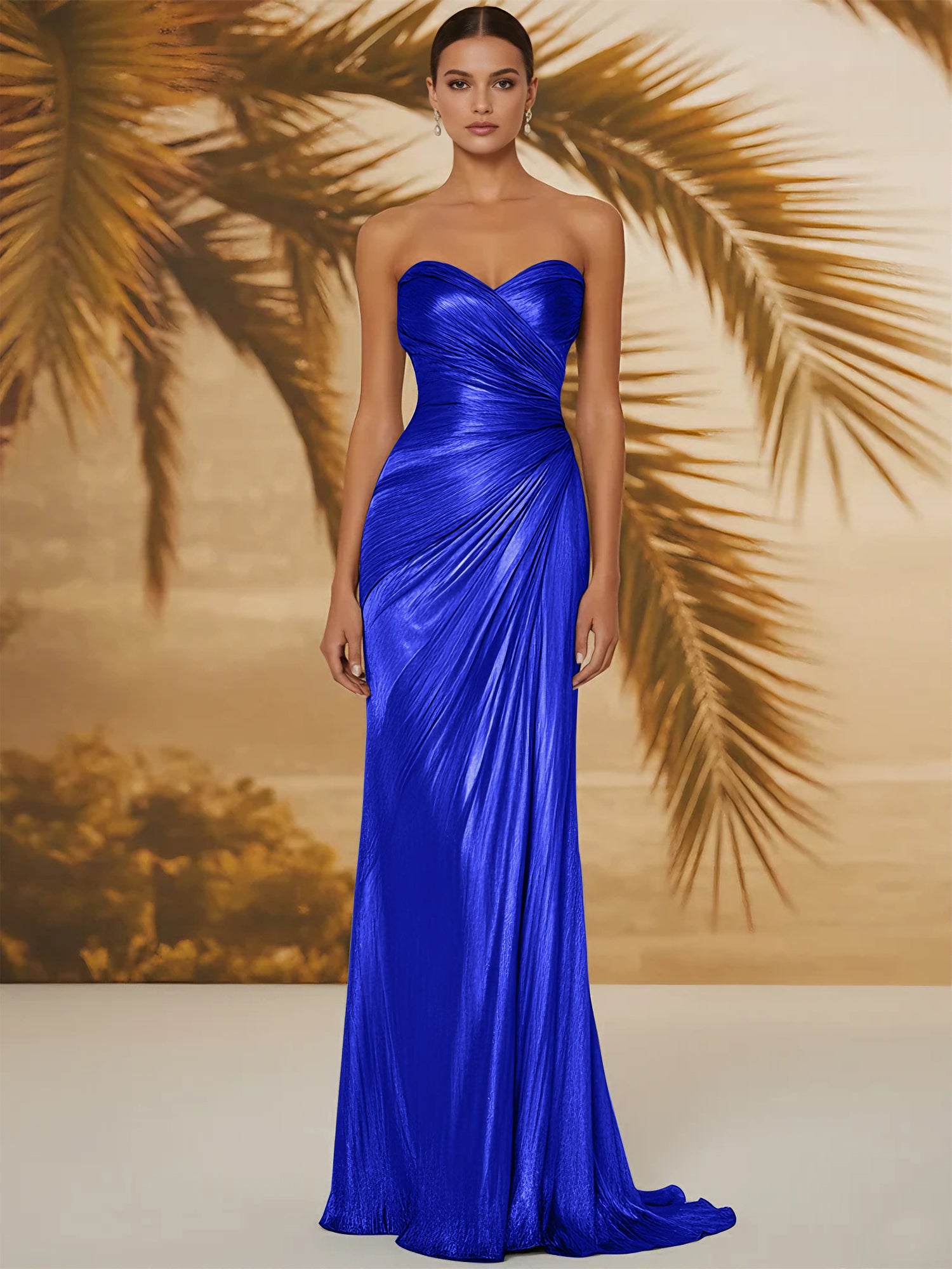 Evening Formal Dress V Neck Silk Ruffles Strapless Maxi Dress