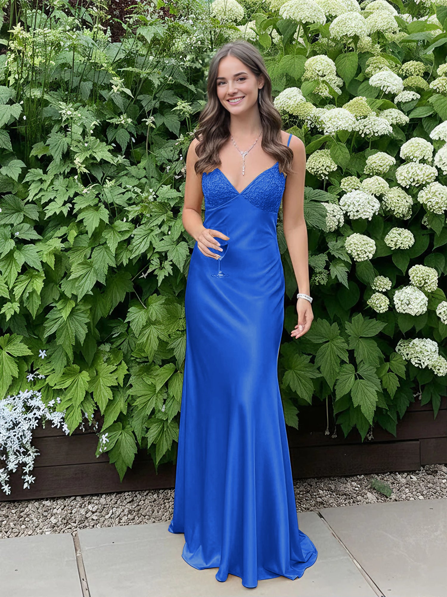 Blue A Line V-neck Beaded Back Tie Long Prom Dress