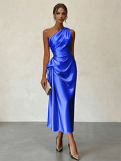 Champagne Ruched Satin One Shoulder Sleeveless Sheath Midi Dress