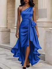Glamorous Formal Dress Midnight Navy One Shoulder High-Low Satin Gown Midi Dress