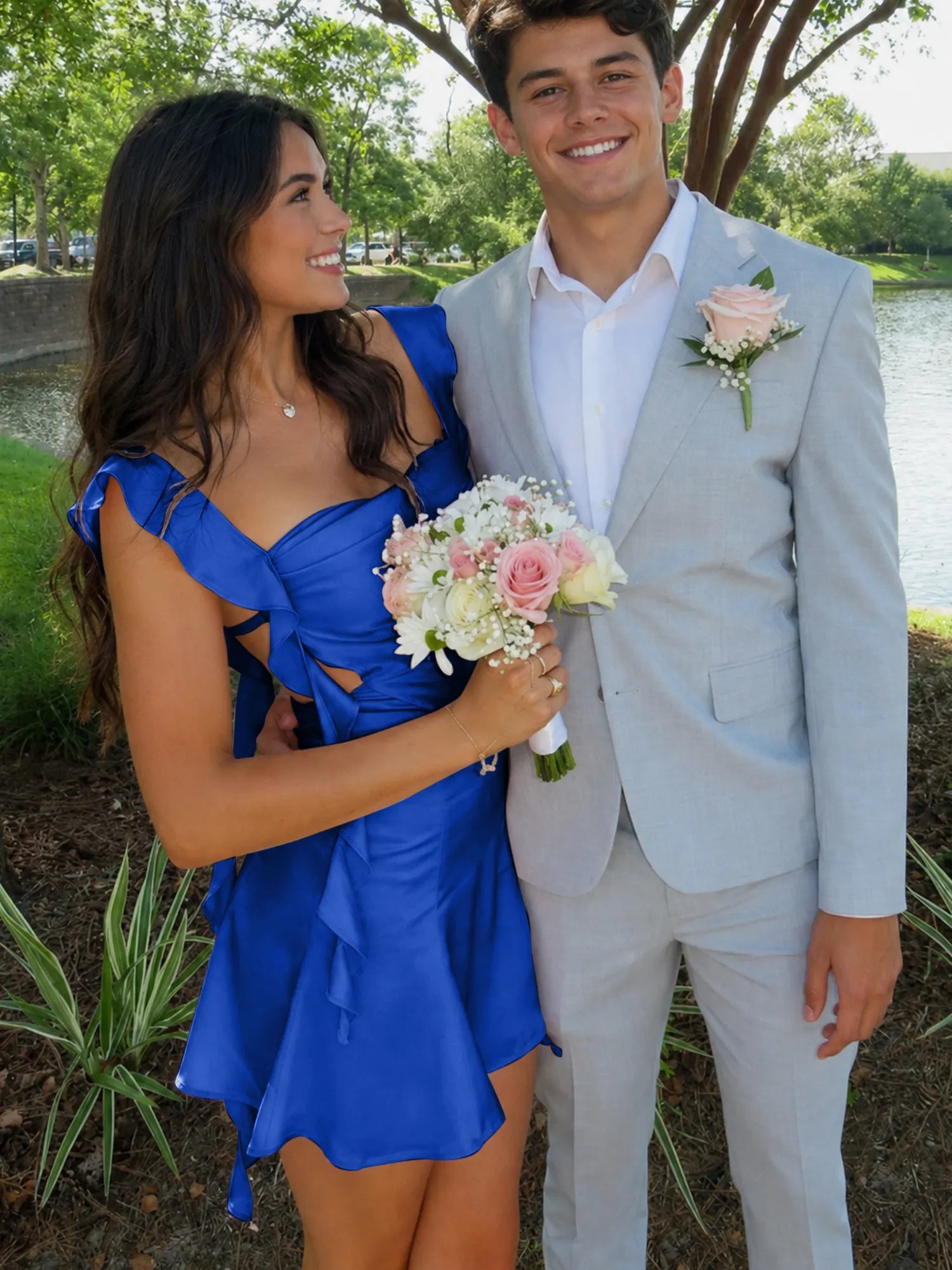 Ruffle Strap Short Homecoming Dress with Cutouts