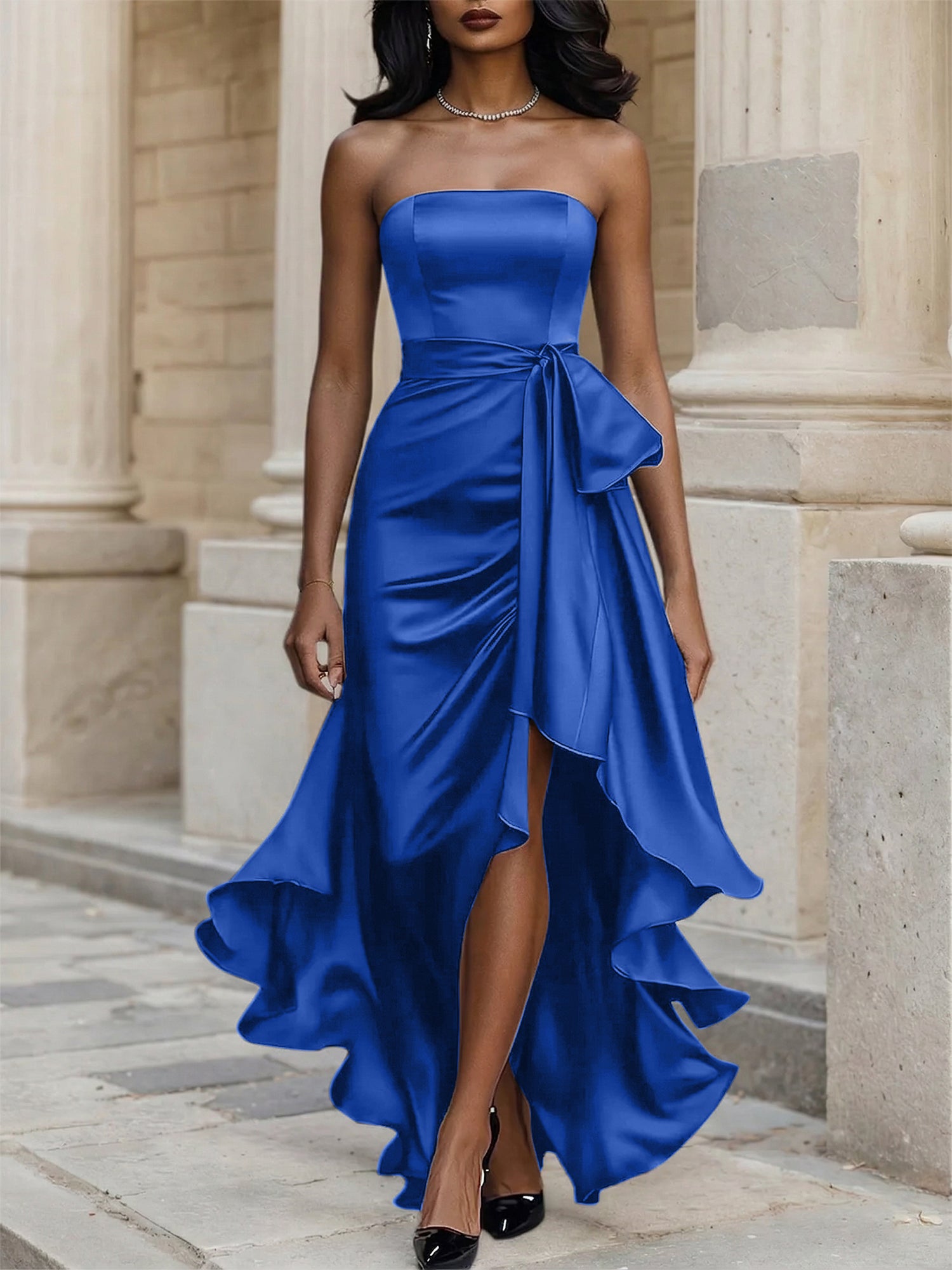 Glamorous Formal Dress Midnight Navy Strapless Satin Gown Midi Dress