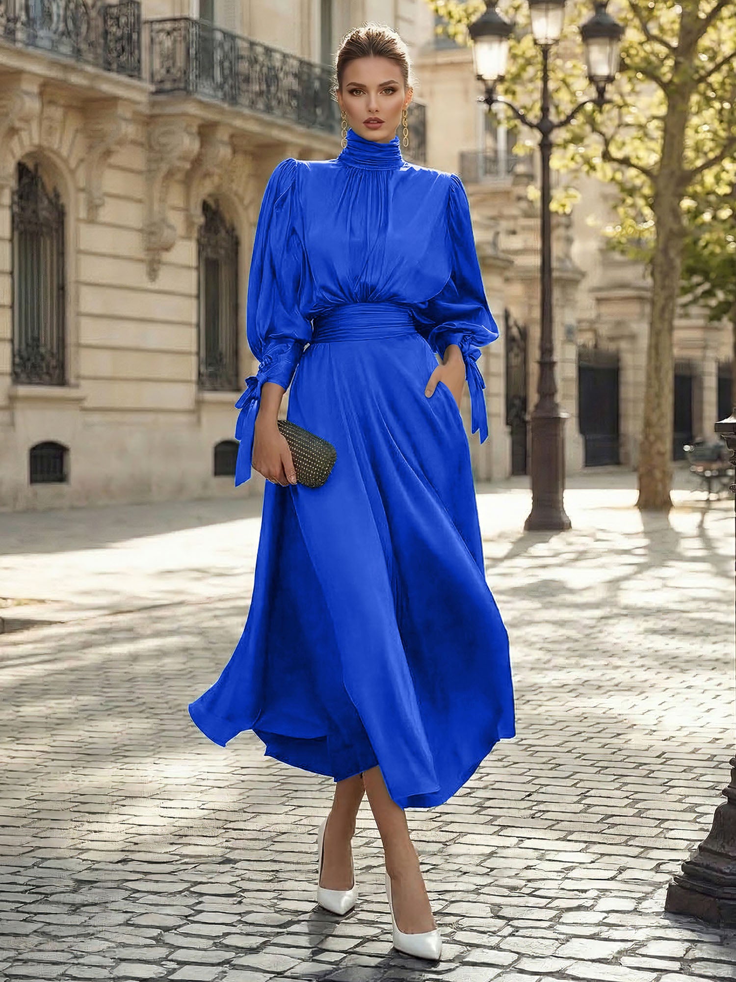 Sophisticated Emerald Green Satin High-Neck Midi Dress Gown