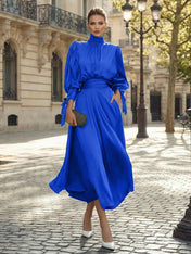 Sophisticated Emerald Green Satin High-Neck Midi Dress Gown