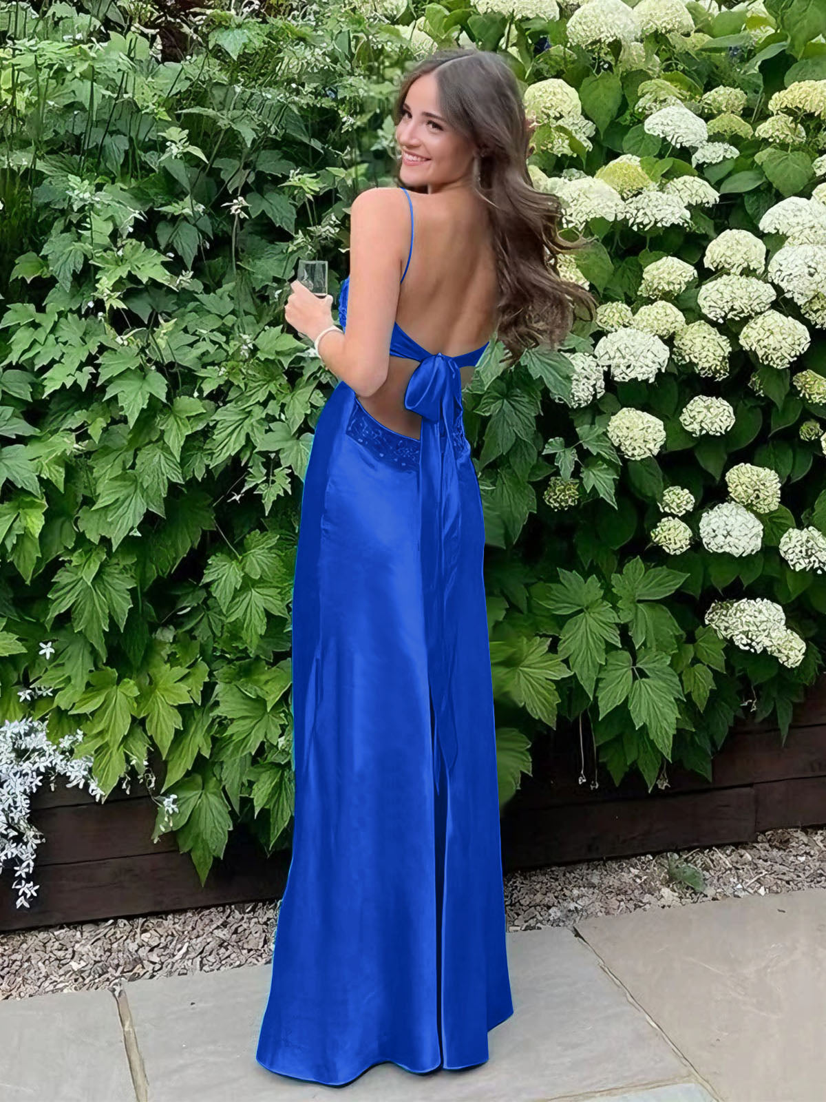 Blue A Line V-neck Beaded Back Tie Long Prom Dress