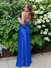 Blue A Line V-neck Beaded Back Tie Long Prom Dress