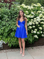 Blue A Line V-neck Beaded Back Tie Short Homecoming Mini Dress