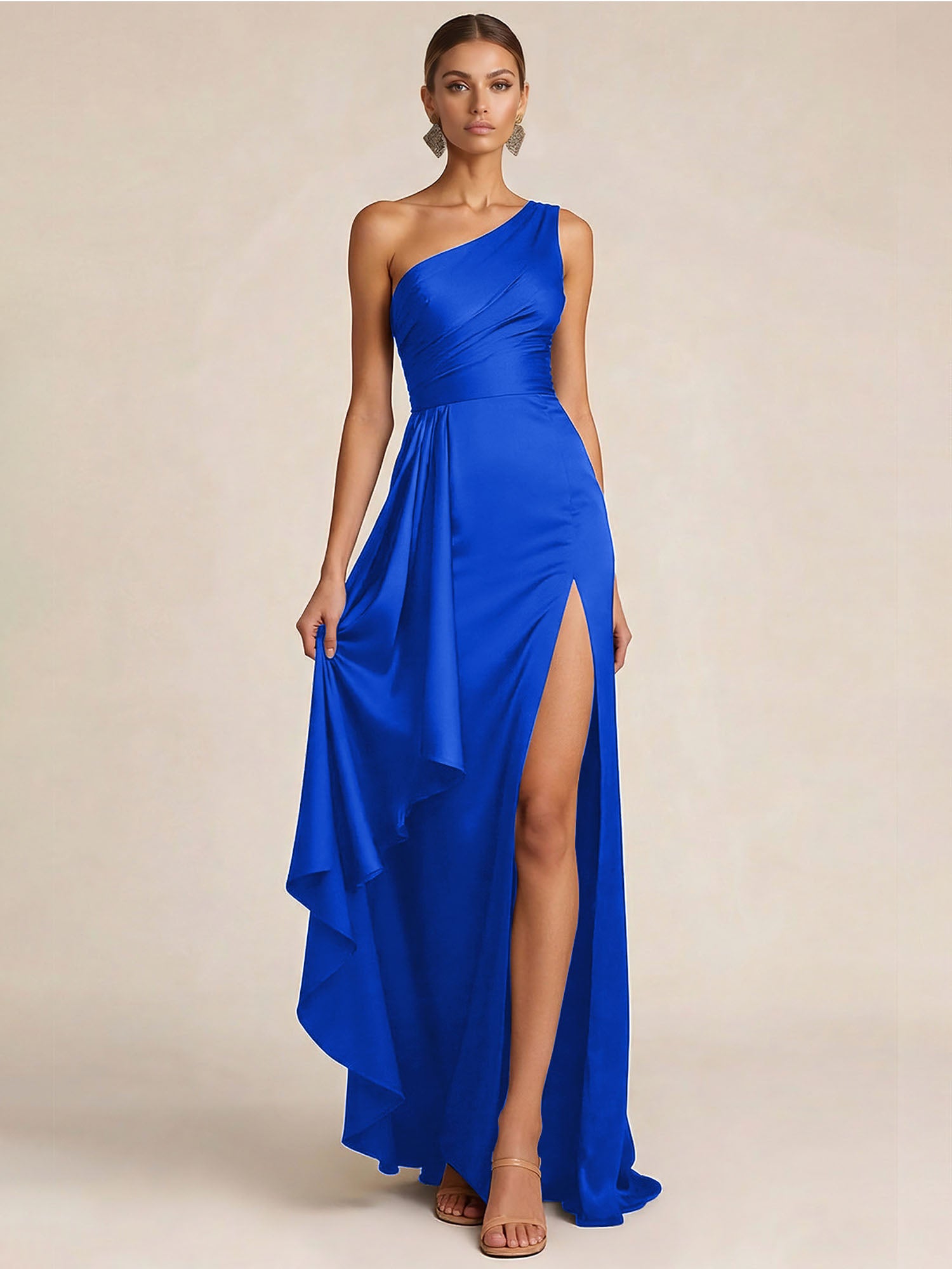 Sleek Foraml Evening Gown Midnight Navy One-Shoulder Satin Slit Maxi Dress