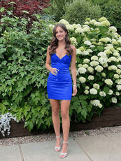 Blue V-neck Beaded Back Tie Short Homecoming Mini Dress