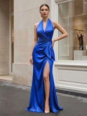 Navy Blue Halter V-Neck Satin Gown with Side Knot and High Slit Evening Dress