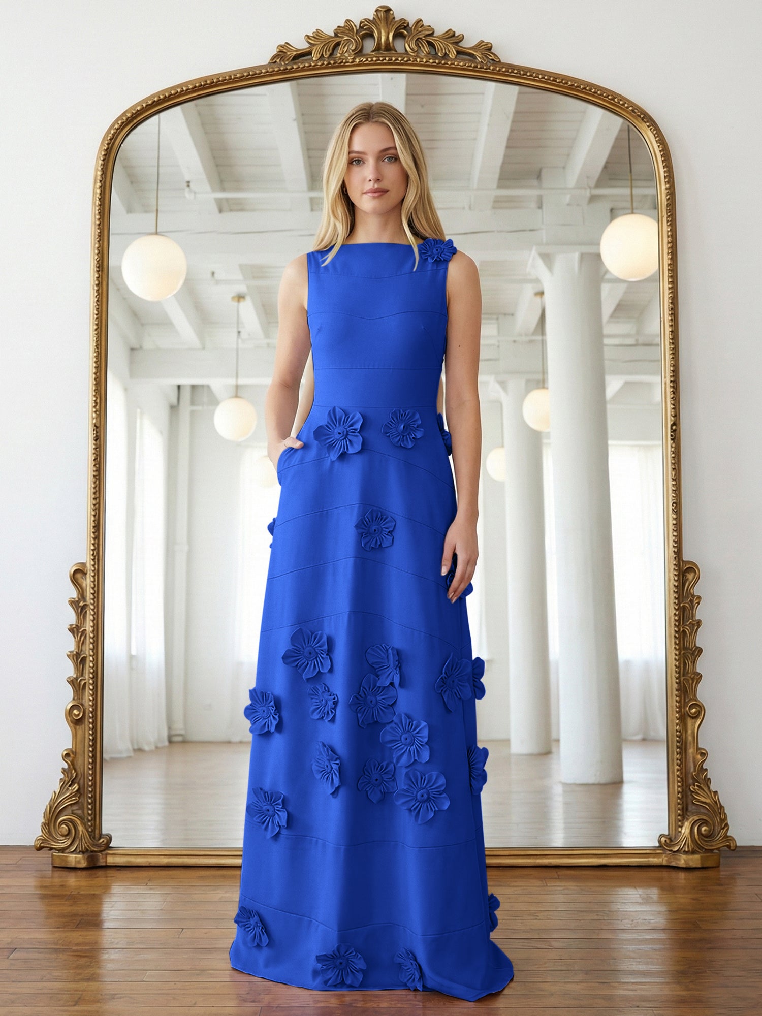 Lavender Boat Neck Formal Gown with Cascading 3D Flowers