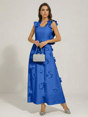 Chic White 3D Flowers A-Line Floor Length Stretch Crepe Dress with Pockets Maxi Dress