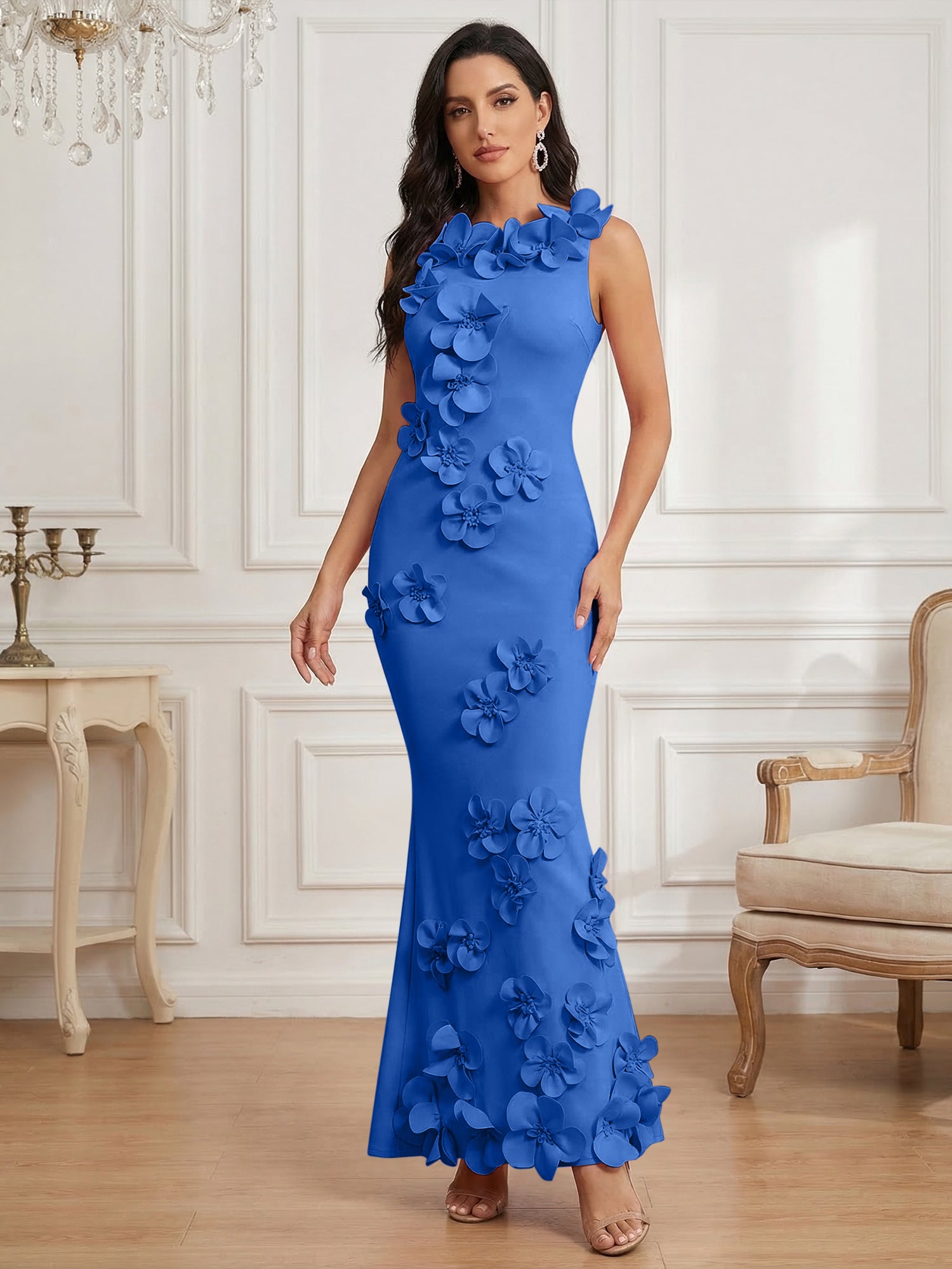 Romantic Pink Sleeveless 3D Floral Mermaid Gown
