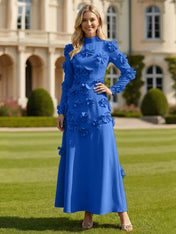 A Line High Neck Long Sleeves Stretch Crepe Dress With 3D Flowers