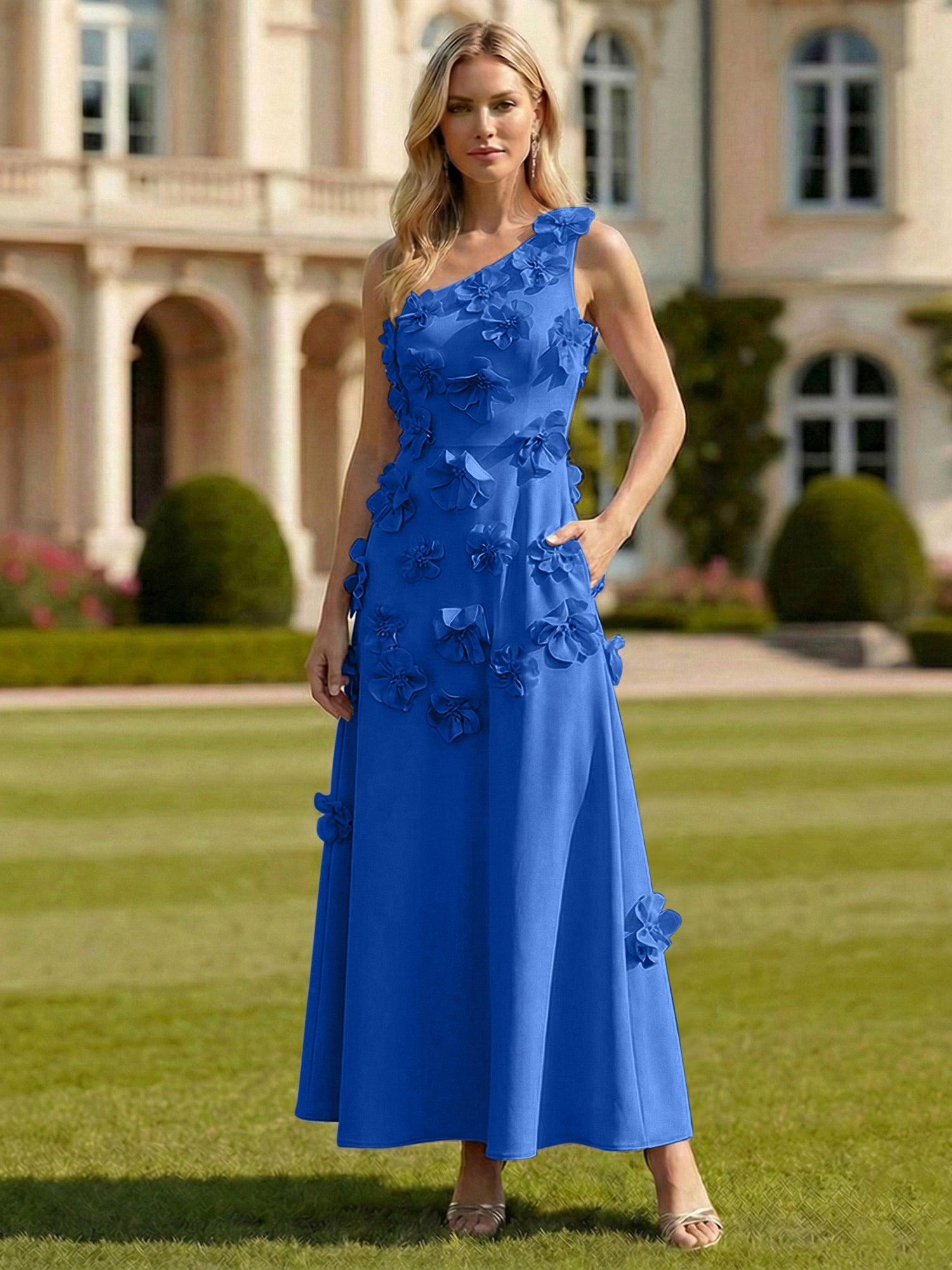 A Line One Shoulder Sleeveless Floor Length Stretch Crepe Dress With 3D Flowers