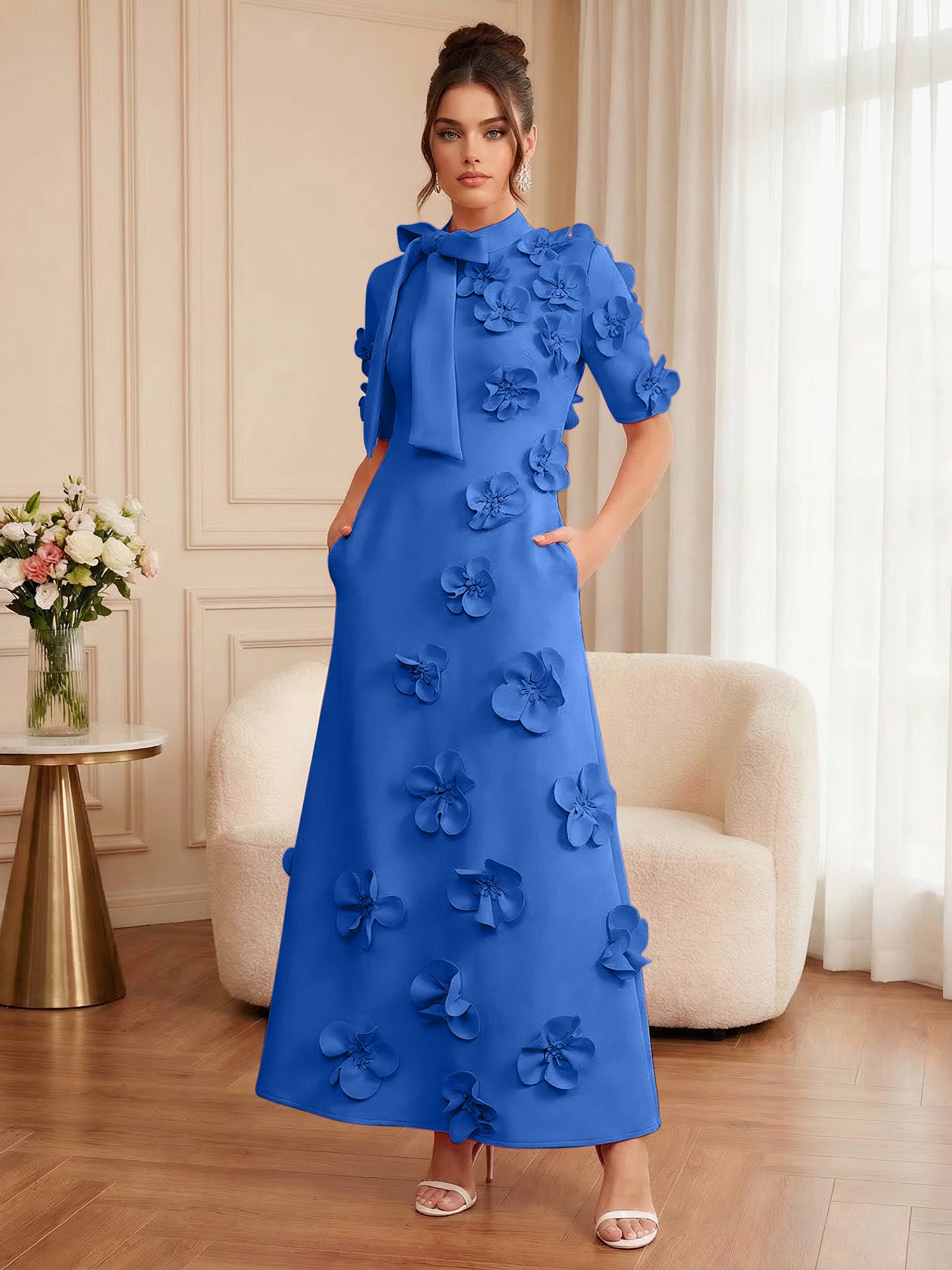 Pink Short Sleeve 3D Floral Maxi Dress Gown