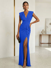 Commanding Formal Evening Dress Emerald Green Plunging V-Neck Slit Gown