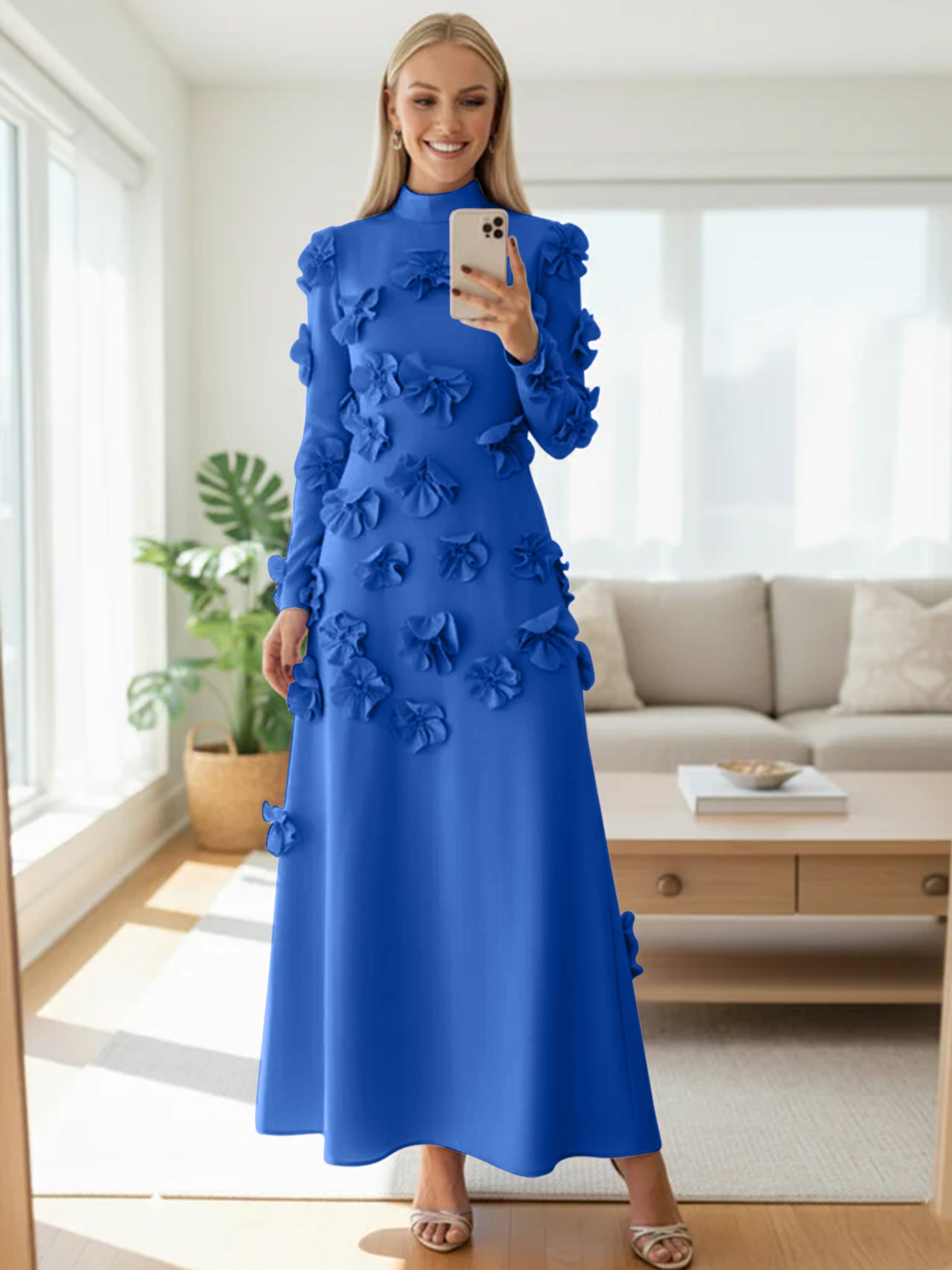 A Line High Neck Long Sleeves Floor Length Stretch Crepe Dress With 3D Flowers