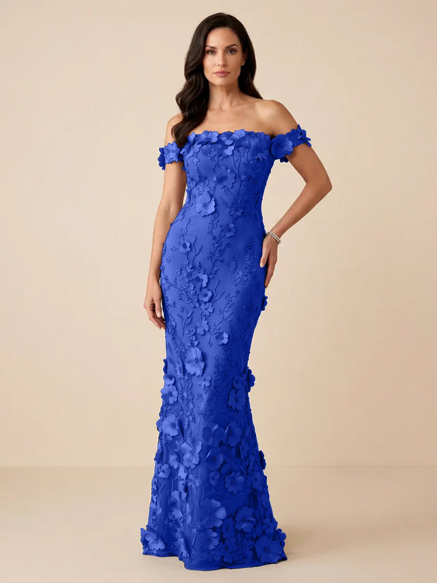 Black Off-the-Shoulder 3D Floral Mermaid Formal Gown Evening Dress